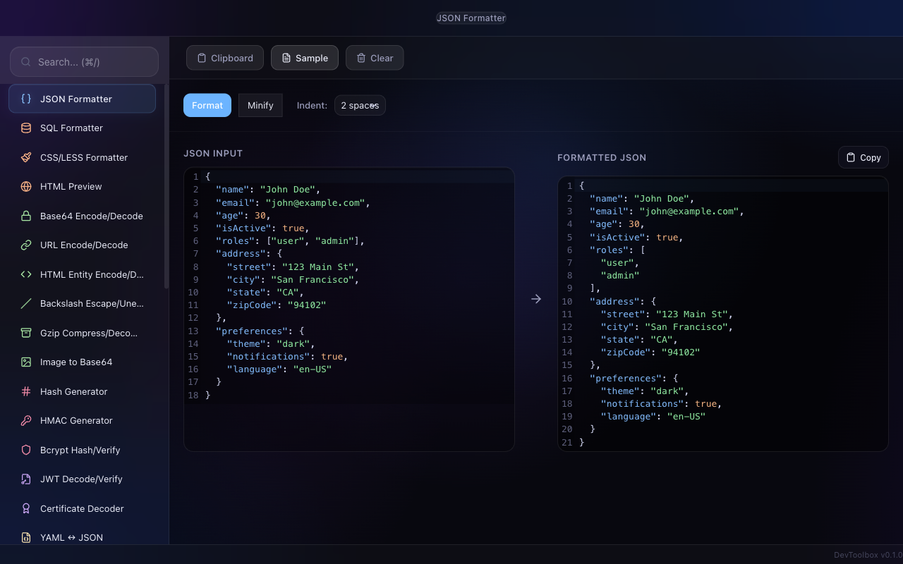 DevToolbox — JSON Formatter with syntax highlighting, sidebar navigation, and 36+ developer tools
